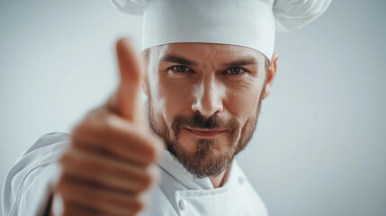 A male chef in a white uniform gives a thumbs up, smiling confidently.