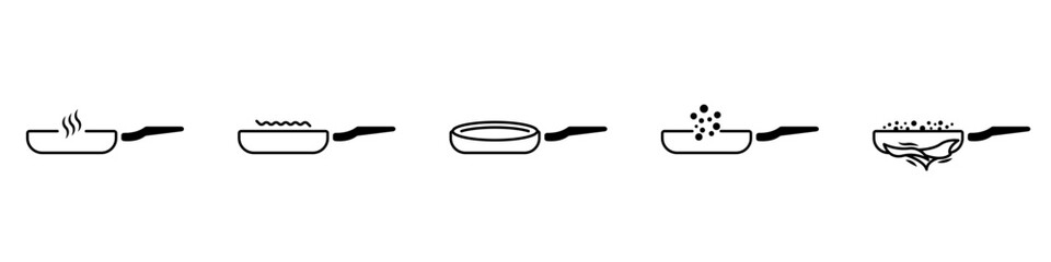 Poster - Kitchen pans vector icon set. Kitchen utensils linear icons set. Black linear pans. Steaming kettles for food outline vector. The process of boiling in pots set. Food preparation by catering services.