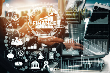 Finance and Money Transaction Technology Concept. Icon Graphic interface showing fintech trade exchange, profit statistics analysis and market analyst service in modern computer application.