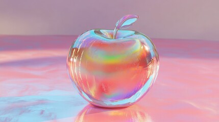 Poster - a colorful glass apple with a reflective surface displayed on a pink backdrop illuminated by soft li