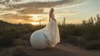 © fotofabrika - A woman in a flowing white gown poses gracefully on a large orb at sunset in a desert landscape with cacti and mountains