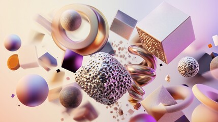 Poster - Abstract 3D shapes and textures floating in a colorful gradient background showcasing creativity and modern design elements