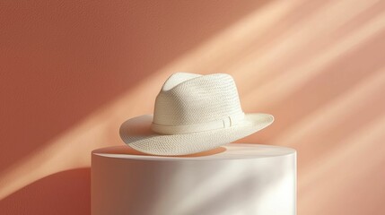 Wall Mural - A stylish white hat elegantly positioned on a round pedestal against a peach-colored wall, beautifully illuminated with soft light.