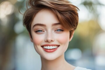 Poster - Close-up portrait of a woman. Background with selective focus and copy space for text