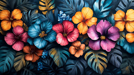 Watercolor of exotic plants in intense colors.