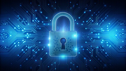 A digital lock graphic on a blue circuit board background, signifying data security and privacy.