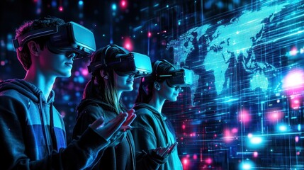 Poster - Three Young Adults Wearing VR Headsets Interacting with a Digital World Map