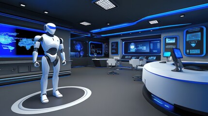 Fototapete - Futuristic Control Room with a White Robot Standing on a Platform