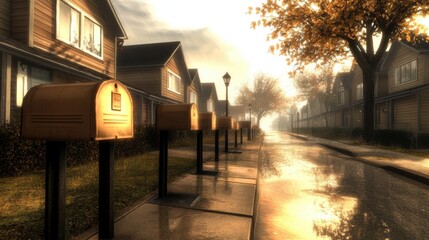 Poster - Row of mailboxes lines a quiet suburban street at sunset, reflecting a golden glow, AI