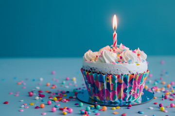 delicious cupcake with lit candle celebrating birthday on blue background