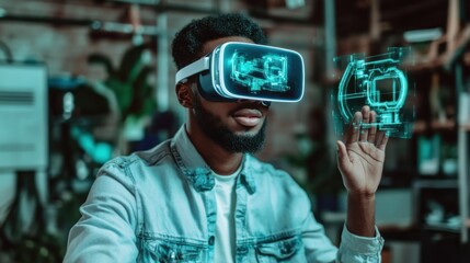Poster - Man Experiencing Virtual Reality with Holographic Projection