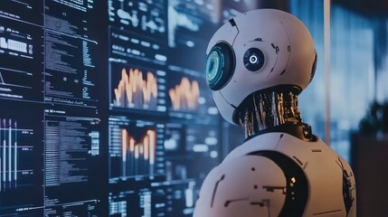 Aufkleber - A futuristic robot observes data on multiple screens.