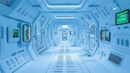 Poster - Futuristic Spaceship Corridor with Control Panels and Monitors