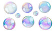 © grapiephoto - A set of round, translucent soap bubbles with iridescent reflections, floating in various sizes, isolated on a transparent background