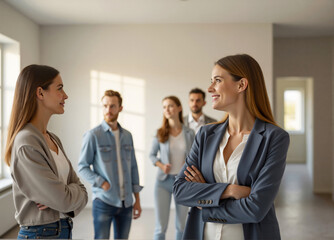 Two businesswomen smiling and standing with arms crossed in empty office