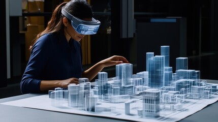 Poster - Woman Wearing Augmented Reality Glasses Examining a 3D Model of a City