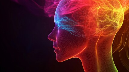 Poster - a vibrant silhouette of a woman with colorful swirling light patterns representing thoughts and crea