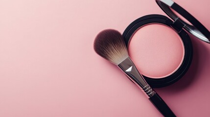 A makeup blush compact with a brush on a pink background, ideal for beauty application.