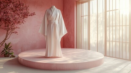 Wall Mural - A serene display of a traditional Japanese kimono on a circular pedestal, surrounded by cherry blossom decorations and warm light filtering through windows.