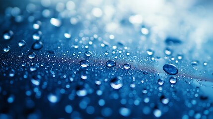Poster - close-up of water droplets on a blue surface reflecting light in a nature-inspired setting