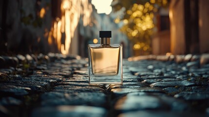 Wall Mural - A stylish fragrance bottle sits on a cobblestone street with warm, glowing sunlight filtering through the background, creating an inviting atmosphere.