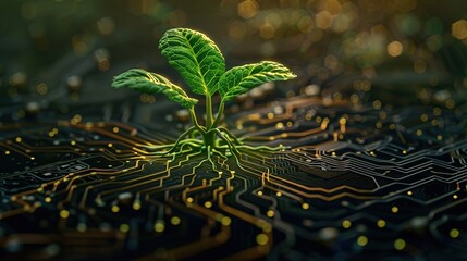 Poster - A sprout grows from a circuit board, symbolizing the future of technology. .