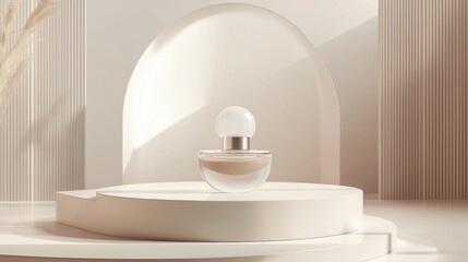 Wall Mural - A sophisticated perfume bottle displayed on a minimalistic stage. The soft lighting and neutral colors create a serene atmosphere, highlighting the product.