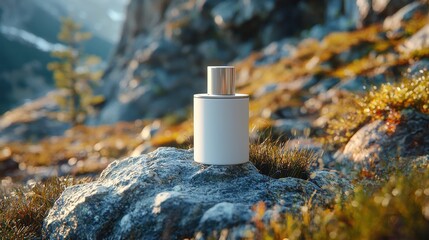 Canvas Print - A minimalist white perfume bottle is placed on a rocky surface surrounded by nature, with a blurred mountain range in the background.