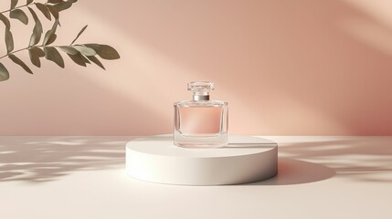 Wall Mural - A beautiful fragrance bottle is showcased on a minimalistic white pedestal against a soft pink background, elegantly complemented by olive leaves.