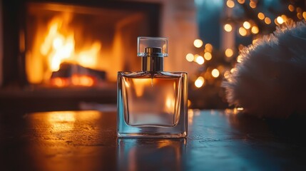 Wall Mural - A luxurious perfume bottle is positioned elegantly on a surface with a warm fireplace glow in the background, exuding a festive atmosphere.