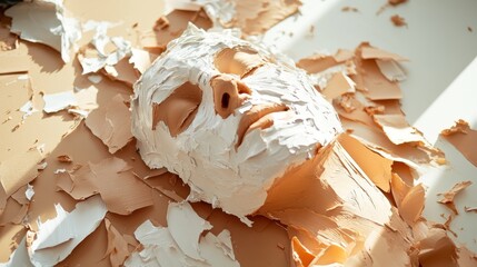 A detailed artistic representation of a face in clay, showcasing layered textures with peeling clay pieces, highlighting the contours and textures in an abstract manner.