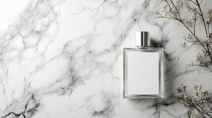 Wall Mural - A stylish fragrance bottle lies on a marble background adorned with delicate flowers, showcasing an elegant and classy aesthetic suitable for branding.