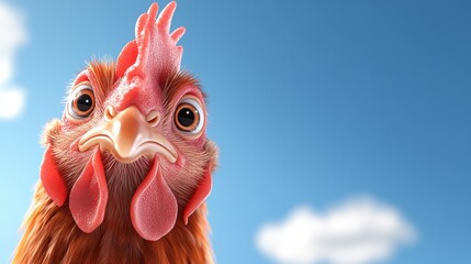 A charming chicken gazes curiously into the camera with a background of a blue sky and fluffy clouds, capturing the serene farm life essence.