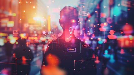 Poster - Silhouette of a person with glowing light bulbs and symbols superimposed.  A digital illustration of