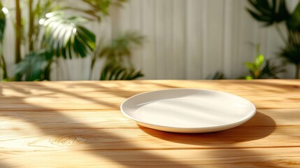 An empty white plate sits on a natural wood table bathed in sunlight, with shadows cast by surrounding foliage, creating an inviting outdoor dining atmosphere.