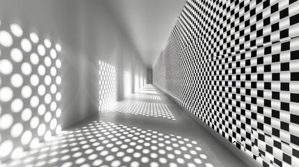Poster - The corridor features unique light patterns created by circular and checkered designs on the walls. Sunlight filters through, casting intriguing shadows on the smooth floor, enhancing the ambiance.