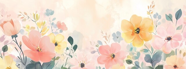 Poster - A vibrant spring garden of delicate pastel flowers blooming under soft natural light in a tranquil setting