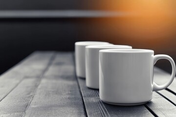 Blank white mugs on display in a Print on Demand production setup - custom printing - e-commerce industry