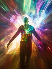 Poster - a silhouette stands against a vibrant explosion of colors in a psychedelic space at night, creating 