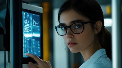 Fototapete - Woman in Glasses Looking at a Computer Screen with Data and Charts