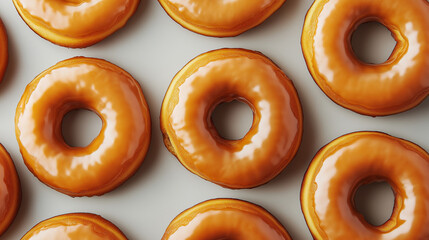 a dozen donuts with a golden, crispy texture arranged close-up on a smooth, light background