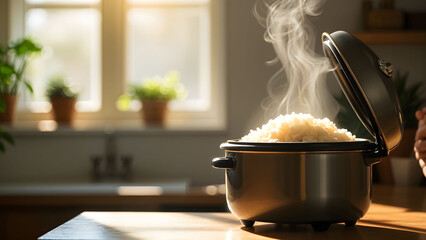 An electric rice cooker with its lid open, showing a pot of steaming, freshly cooked rice, ideal for kitchen appliance and food preparation themes