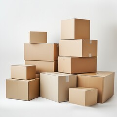 photo of many cardboard boxes standing in a pile on a white background