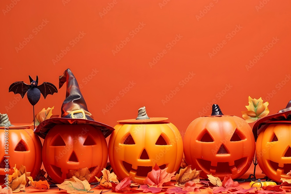 Orange background with Halloween pumpkins, witch hats, copy space, high ...