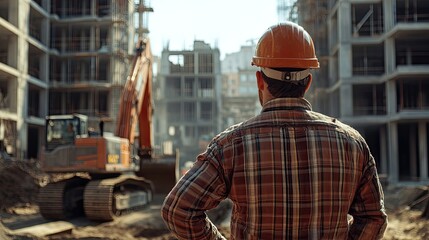 Construction worker looks at building. This image is suitable for blogs or articles related to construction, engineering, and architecture.