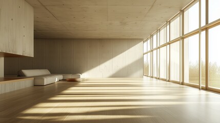 Poster - spacious modern living room with large windows showcasing sunlight and natural beauty in a serene se