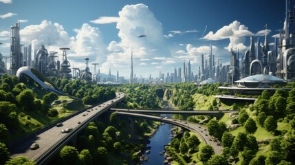 Futuristic Cityscape with Nature and Highway