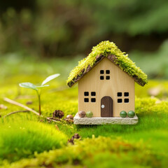 Eco Friendly House Toy House On Moss In Garden, Building environmentally friendly and sustainable apartments, saving costs.