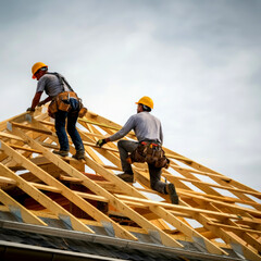 Roofers and carpenters are working on roofing or repairing roofs at construction sites. Roof repair and upgrade concept.