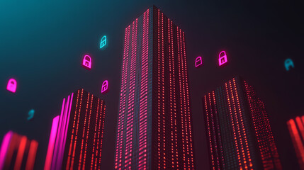 Futuristic city skyline at night with glowing digital locks and vibrant neon colors, representing cybersecurity and data protection in modern urban environments.